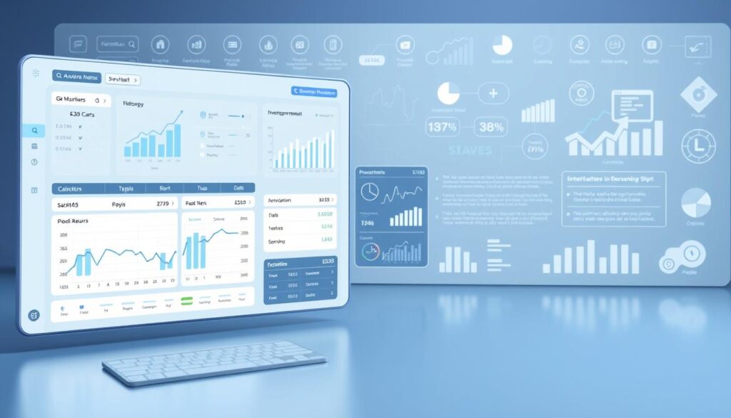 A detailed 3D rendering of a modern investment simulator interface, featuring a clean and intuitive layout. The foreground showcases a sleek dashboard with interactive charts, graphs, and financial data visualizations, all rendered in a cool, minimalist color palette of blues, grays, and whites. The middle ground depicts a series of financial calculators and analytical tools, allowing the user to input investment parameters and observe projected returns. In the background, a series of stylized icons and infographics provide contextual information about different investment products and market trends. The overall mood is one of technological sophistication, financial empowerment, and data-driven decision-making. A detailed 3D rendering of a modern investment simulator interface, featuring a clean and intuitive layout. The foreground showcases a sleek dashboard with interactive charts, graphs, and financial data visualizations, all rendered in a cool, minimalist color palette of blues, grays, and whites. The middle ground depicts a series of financial calculators and analytical tools, allowing the user to input investment parameters and observe projected returns. In the background, a series of stylized icons and infographics provide contextual information about different investment products and market trends. The overall mood is one of technological sophistication, financial empowerment, and data-driven decision-making.