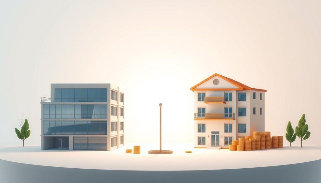 A high-quality comparison between the financial instruments of real estate investment trusts (FIIs) and stocks (ações), captured in a striking digital illustration. Showcase the distinct features, performance, and investment profiles of these two asset classes against a clean, minimalist backdrop. Utilize a balanced color palette, crisp lighting, and a symmetrical layout to highlight the key differences and similarities. Render the scene with a polished, photorealistic style that conveys a sense of professionalism and financial expertise, suitable for an educational article on investment strategies. A high-quality comparison between the financial instruments of real estate investment trusts (FIIs) and stocks (ações), captured in a striking digital illustration. Showcase the distinct features, performance, and investment profiles of these two asset classes against a clean, minimalist backdrop. Utilize a balanced color palette, crisp lighting, and a symmetrical layout to highlight the key differences and similarities. Render the scene with a polished, photorealistic style that conveys a sense of professionalism and financial expertise, suitable for an educational article on investment strategies.