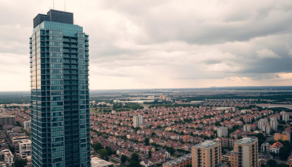 A modern high-rise building with sleek glass facades stands prominently in the foreground, casting sharp shadows across the scene. In the middle ground, rows of smaller residential structures and commercial properties dot the urban landscape, hinting at the diverse real estate opportunities. The background is dominated by a cloudy, atmospheric sky, creating a sense of drama and possibility. The lighting is balanced, with warm tones illuminating the buildings and creating a sense of depth and dimensionality. The camera angle is slightly elevated, providing a bird's-eye view that conveys the scale and complexity of the real estate landscape. A modern high-rise building with sleek glass facades stands prominently in the foreground, casting sharp shadows across the scene. In the middle ground, rows of smaller residential structures and commercial properties dot the urban landscape, hinting at the diverse real estate opportunities. The background is dominated by a cloudy, atmospheric sky, creating a sense of drama and possibility. The lighting is balanced, with warm tones illuminating the buildings and creating a sense of depth and dimensionality. The camera angle is slightly elevated, providing a bird's-eye view that conveys the scale and complexity of the real estate landscape.