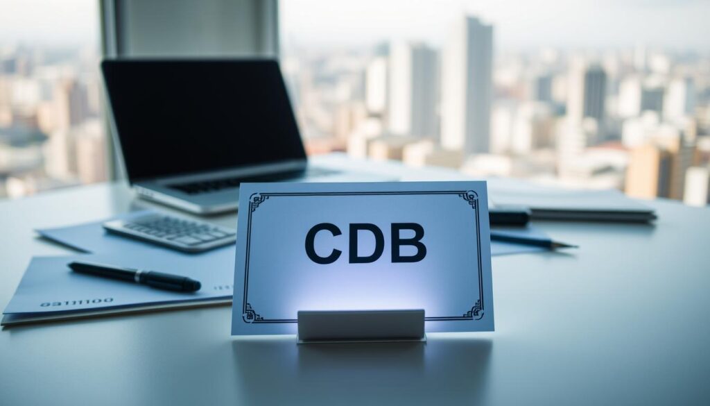 A modern, minimalist financial investment scene with a focus on a central CDB (Certificado de Depósito Bancário) document or symbol. The foreground features the CDB document, presented with a subtle glow and a sense of importance. The middle ground showcases a clean, geometric desk or workspace, with a laptop, calculator, and other financial tools. The background is a soft, blurred cityscape, hinting at the urban financial environment. The lighting is natural and diffused, creating a calm, professional atmosphere. The overall composition conveys a sense of thoughtful financial planning and the stability of the CDB investment option. A modern, minimalist financial investment scene with a focus on a central CDB (Certificado de Depósito Bancário) document or symbol. The foreground features the CDB document, presented with a subtle glow and a sense of importance. The middle ground showcases a clean, geometric desk or workspace, with a laptop, calculator, and other financial tools. The background is a soft, blurred cityscape, hinting at the urban financial environment. The lighting is natural and diffused, creating a calm, professional atmosphere. The overall composition conveys a sense of thoughtful financial planning and the stability of the CDB investment option.