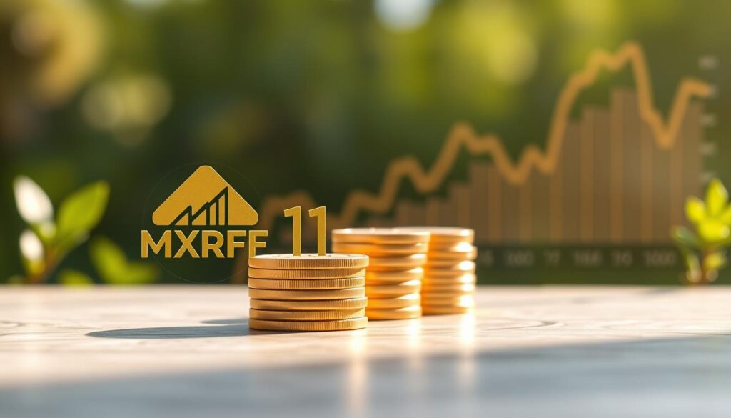 A serene financial landscape, bathed in soft, natural lighting. In the foreground, a detailed rendering of the MXRF11 fund logo, crafted with precision and clarity. The middle ground showcases a stack of gold coins, symbolizing the steady, reliable returns of the real estate investment trust. In the background, a meticulously detailed chart displaying the fund's performance, conveying a sense of stability and growth. The overall composition evokes a sense of trust, security, and the potential for rewarding financial outcomes for the investor.